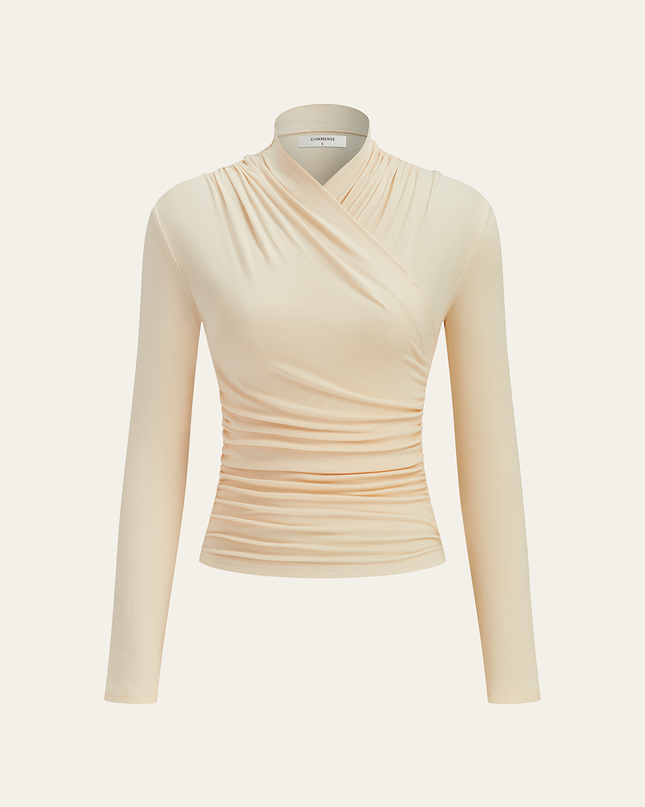 Estelle | Cinched Waist Pleated Cross-Over Collar T-Shirt