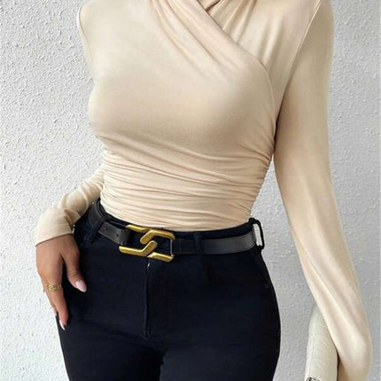 Estelle | Cinched Waist Pleated Cross-Over Collar T-Shirt