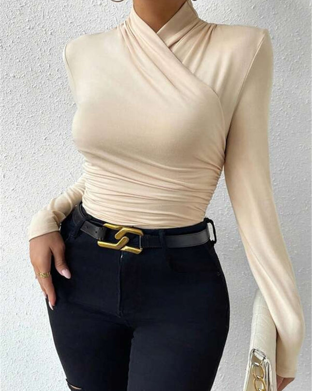 Estelle | Cinched Waist Pleated Cross-Over Collar T-Shirt