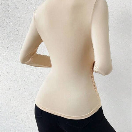 Estelle | Cinched Waist Pleated Cross-Over Collar T-Shirt