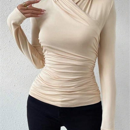 Estelle | Cinched Waist Pleated Cross-Over Collar T-Shirt