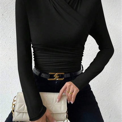 Estelle | Cinched Waist Pleated Cross-Over Collar T-Shirt