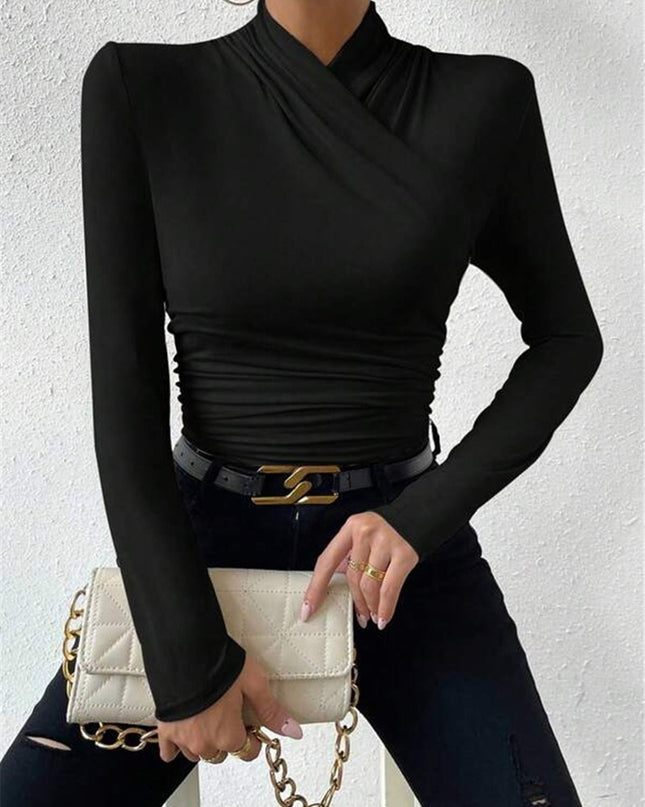 Estelle | Cinched Waist Pleated Cross-Over Collar T-Shirt