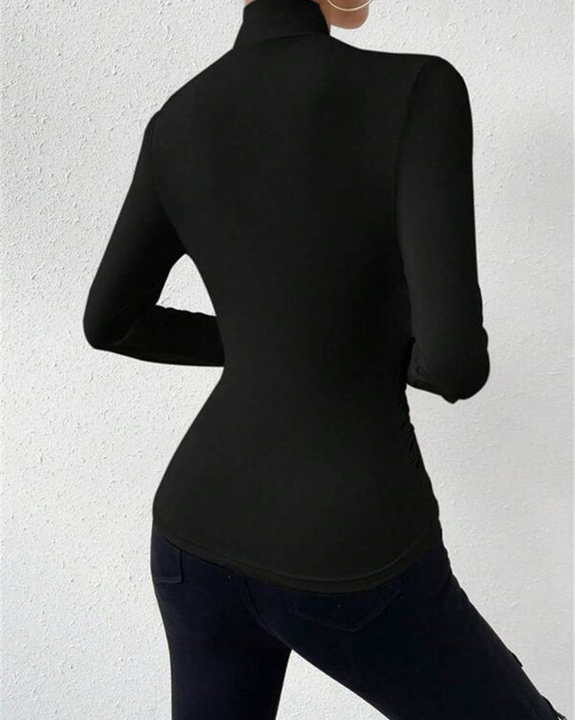 Estelle | Cinched Waist Pleated Cross-Over Collar T-Shirt