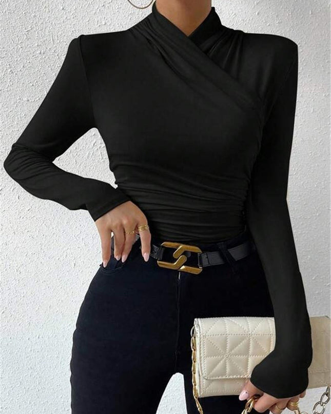 Estelle | Cinched Waist Pleated Cross-Over Collar T-Shirt