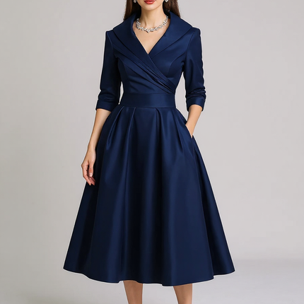Fallon | Draped Collar Fitted Bodice Wedding Guest Dress - Navy Blue / XS(2)