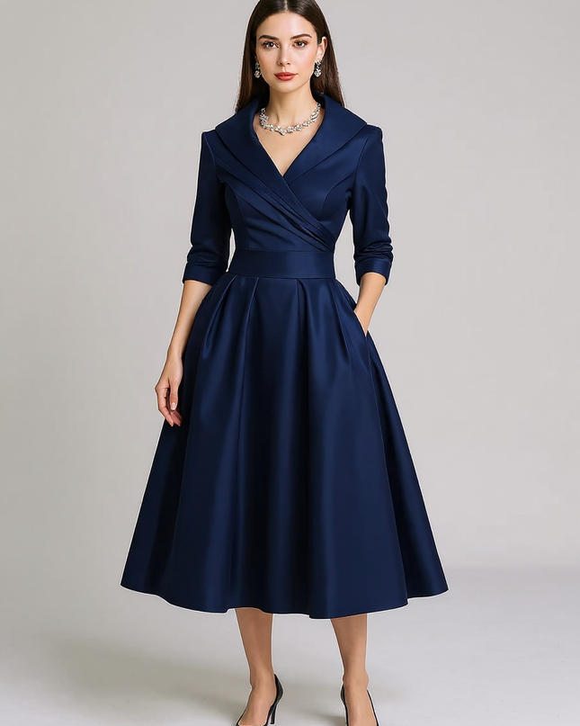 Fallon | Draped Collar Fitted Bodice Wedding Guest Dress - Navy Blue / XS(2)