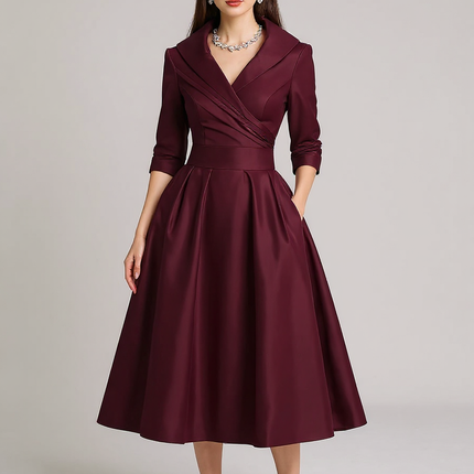 Fallon | Draped Collar Fitted Bodice Wedding Guest Dress - Wine / XS(2)