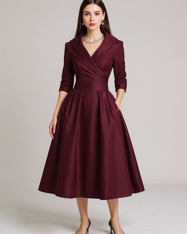 Fallon | Draped Collar Fitted Bodice Wedding Guest Dress - Wine / XS(2)