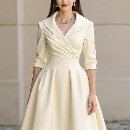 Fallon | Draped Collar Fitted Bodice Wedding Guest Dress - Beige / XS(2)