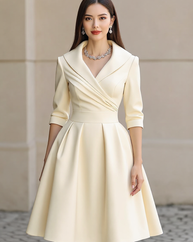 Fallon | Draped Collar Fitted Bodice Wedding Guest Dress - Beige / XS(2)