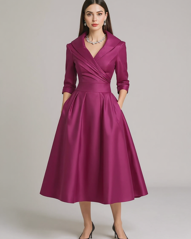 Fallon | Draped Collar Fitted Bodice Wedding Guest Dress - Fuchsia / XS(2)