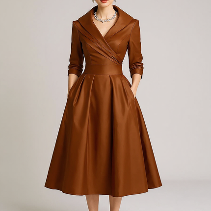 Fallon | Draped Collar Fitted Bodice Wedding Guest Dress - Orange / XS(2)