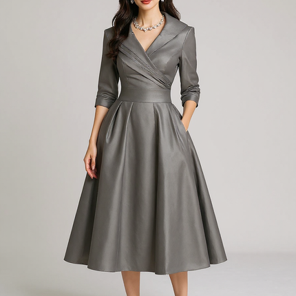 Fallon | Draped Collar Fitted Bodice Wedding Guest Dress - Gray / XS(2)