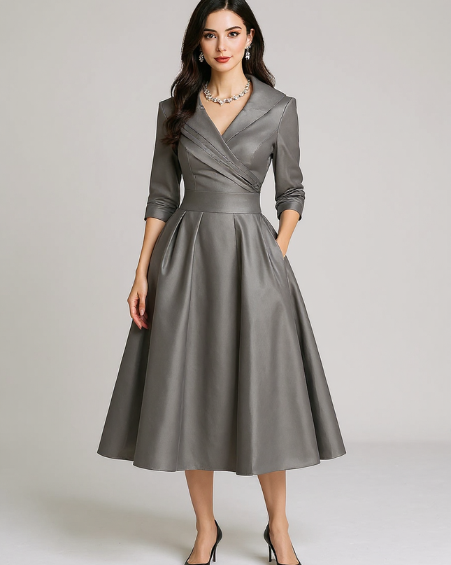 Fallon | Draped Collar Fitted Bodice Wedding Guest Dress - Gray / XS(2)