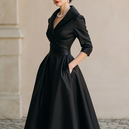 Fallon | Draped Collar Fitted Bodice Wedding Guest Dress - 3/4 Turn