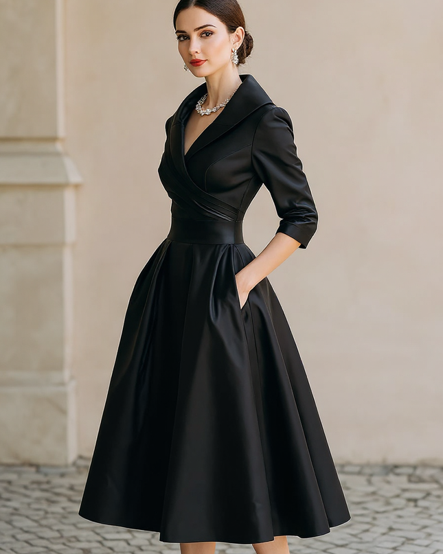 Fallon | Draped Collar Fitted Bodice Wedding Guest Dress - 3/4 Turn