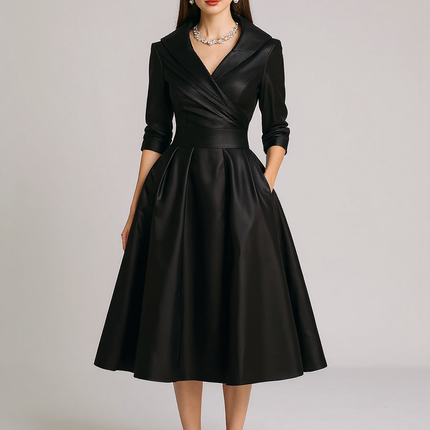 Fallon | Draped Collar Fitted Bodice Wedding Guest Dress - Black / XS(2)