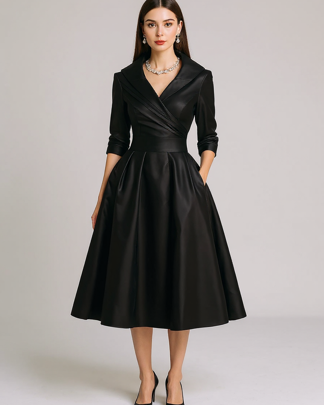 Fallon | Draped Collar Fitted Bodice Wedding Guest Dress - Black / XS(2)