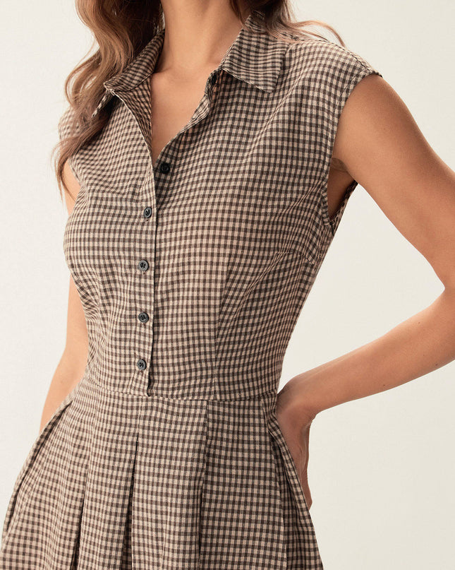 India | Pleated Fit Brown Gingham Midi Dress