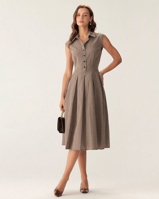 India | Pleated Fit Brown Gingham Midi Dress
