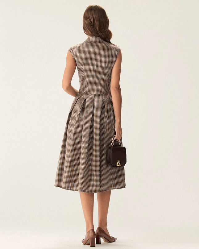 India | Pleated Fit Brown Gingham Midi Dress