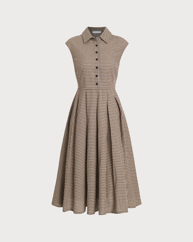 India | Pleated Fit Brown Gingham Midi Dress