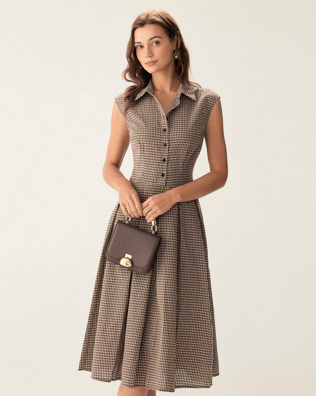 India | Pleated Fit Brown Gingham Midi Dress