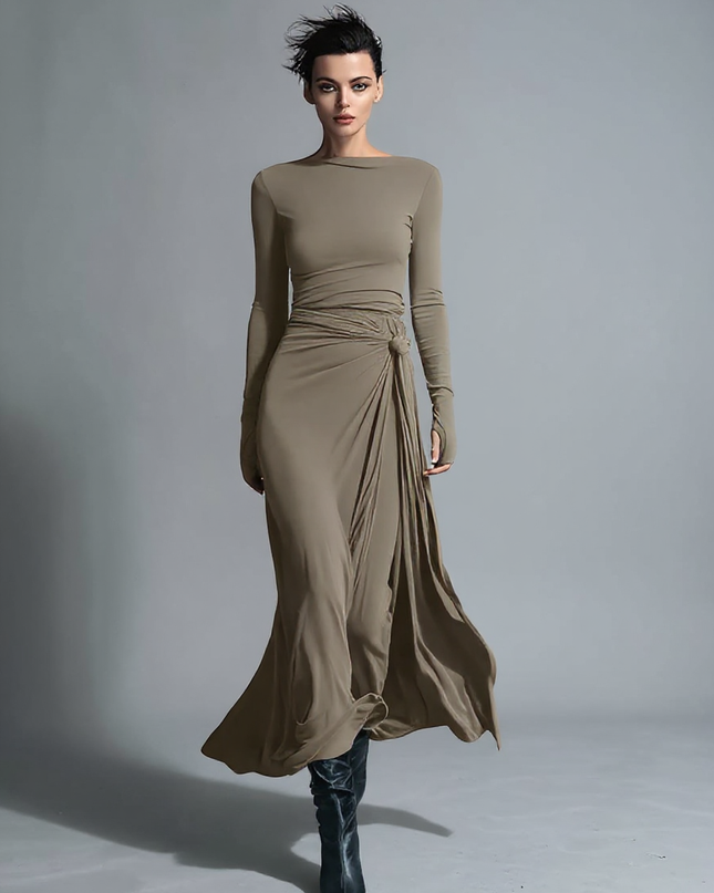 Irene | Sleek Fit Knot Detail Wrap Dress - Khaki / XS
