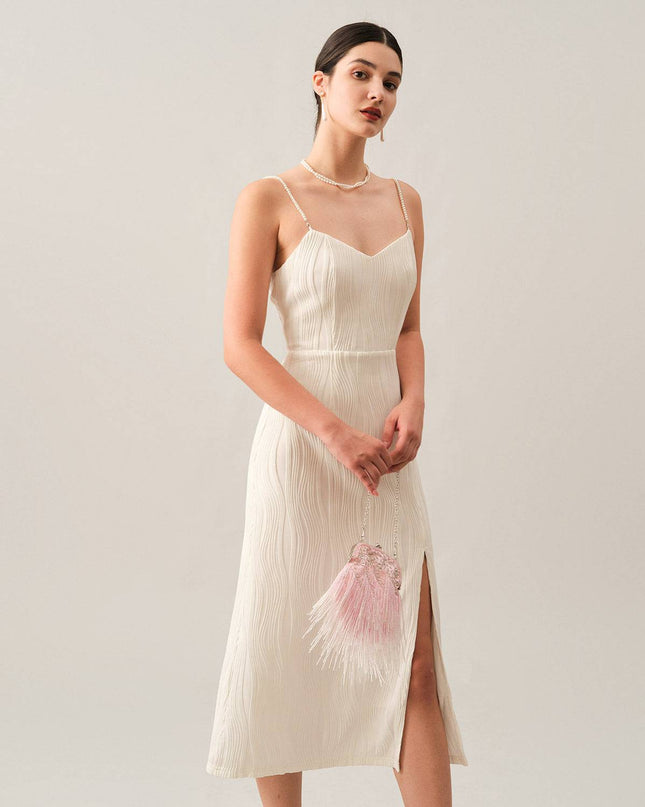 Isla | Textured Pearl Strap Wedding Guest Midi Dress