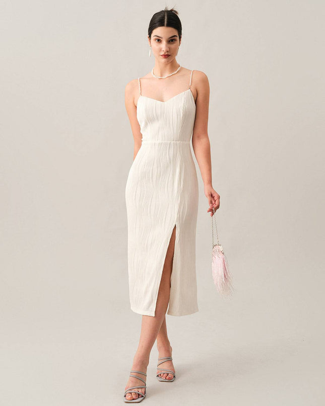 Isla | Textured Pearl Strap Wedding Guest Midi Dress