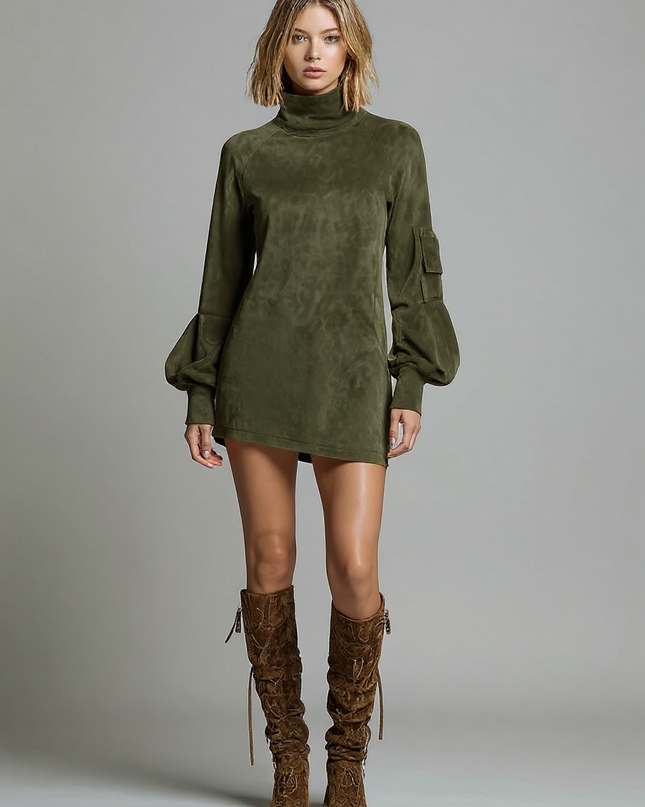 Ivy | Loose Fit Suede Turtleneck Mini Dress - ArmyGreen / XS