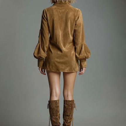 Ivy | Loose Fit Suede Turtleneck Mini Dress - Back View