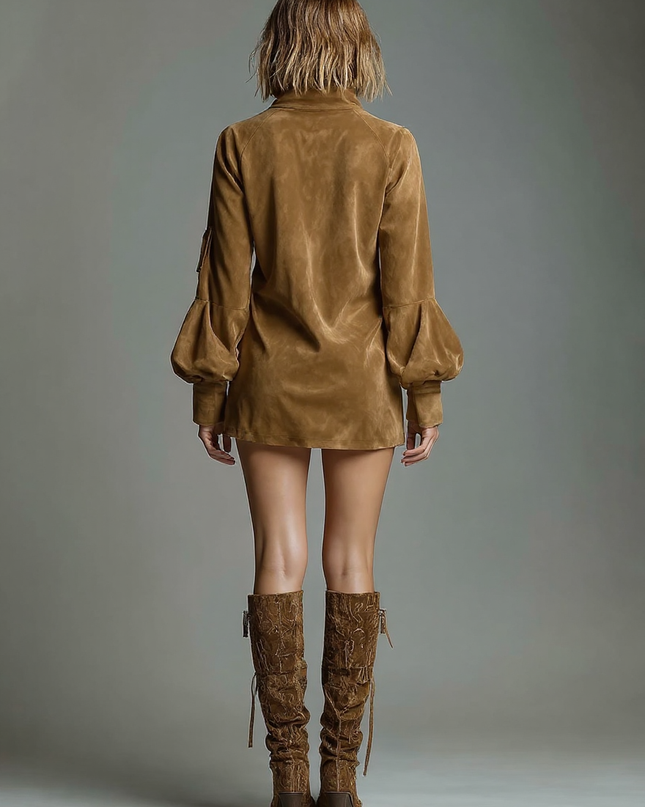 Ivy | Loose Fit Suede Turtleneck Mini Dress - Back View