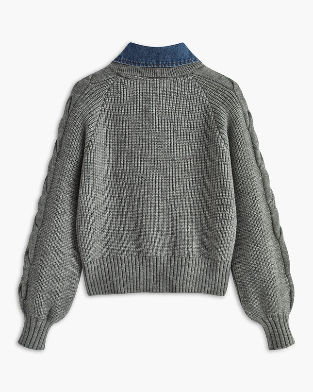 Jewel | Ribbed Lapel Sweater With Denim Panels