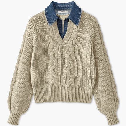 Jewel | Ribbed Lapel Sweater With Denim Panels