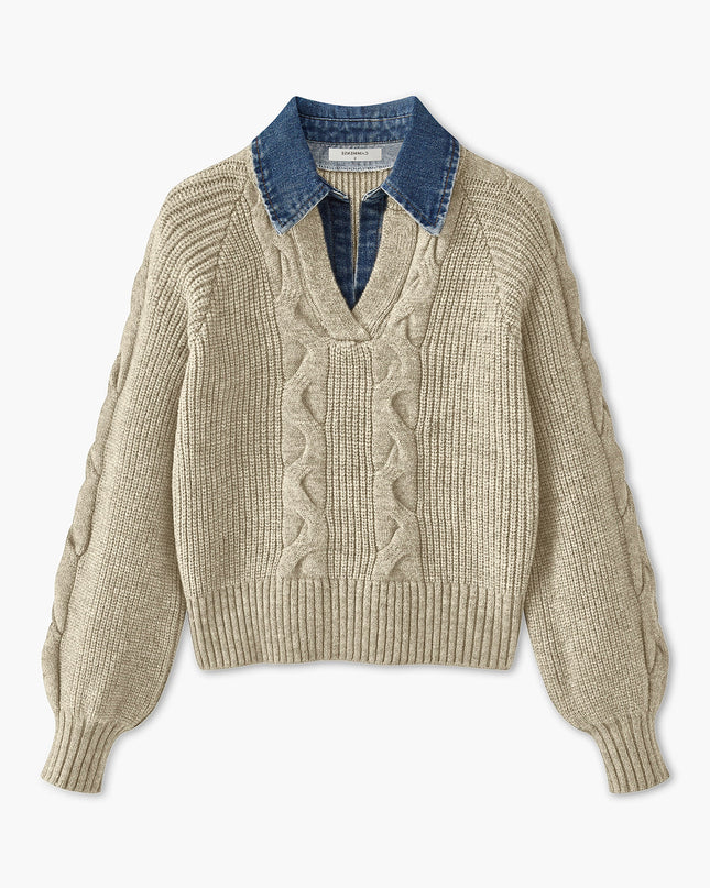 Jewel | Ribbed Lapel Sweater With Denim Panels