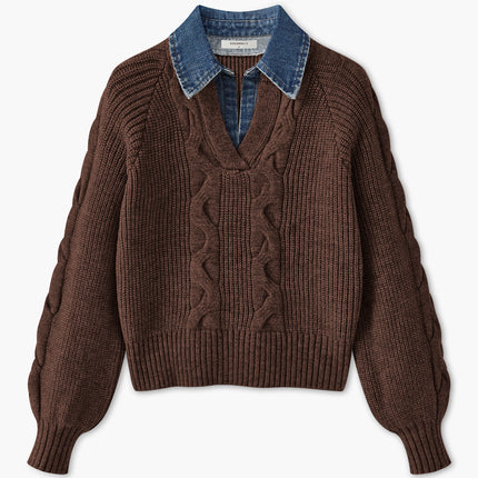 Jewel | Ribbed Lapel Sweater With Denim Panels