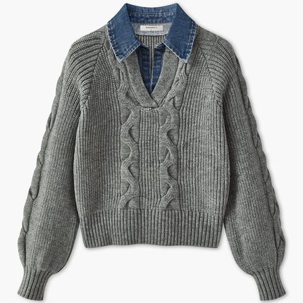 Jewel | Ribbed Lapel Sweater With Denim Panels