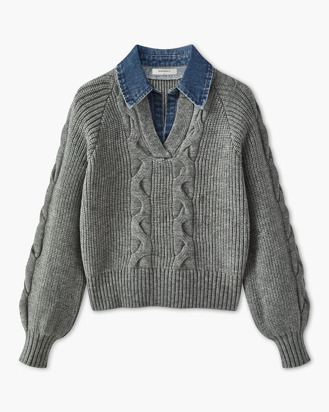 Jewel | Ribbed Lapel Sweater With Denim Panels