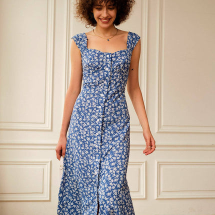 Kate | Fitted Sweetheart Neck Floral Midi Summer Dress