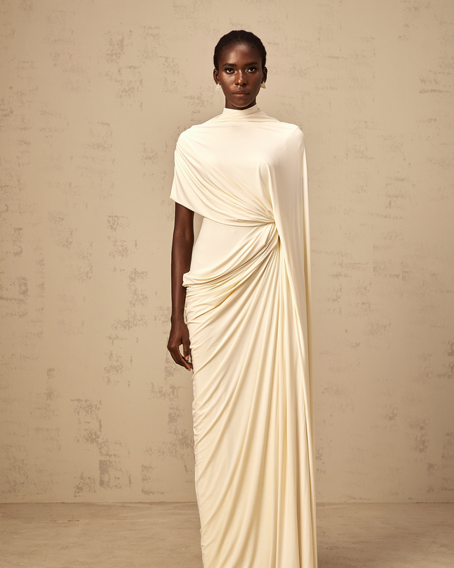Larissa | Asymmetrical Draped Cape Prom Dress Set