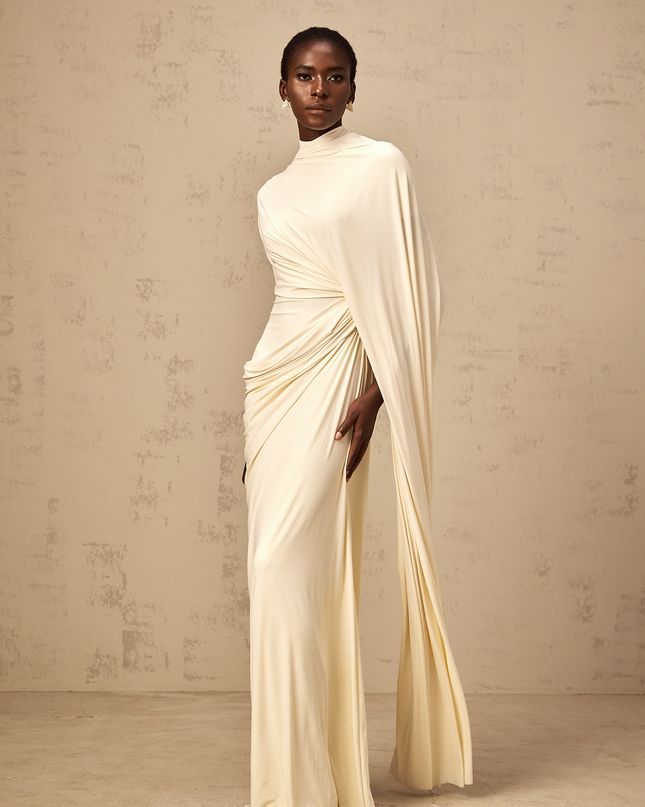 Larissa | Asymmetrical Draped Cape Prom Dress Set