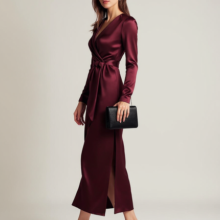 Madeleine | Long Sleeve Wrap Dress With Waist Tie - 3/4 Turn