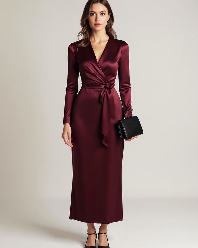 Madeleine | Long Sleeve Wrap Dress With Waist Tie - Burgundy / XS(2)