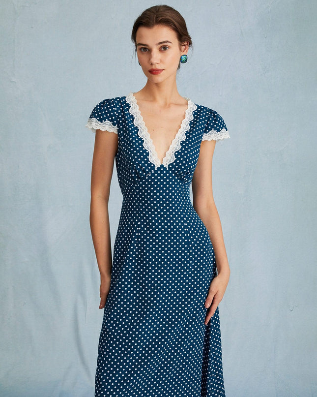 Maeve | Ruched V Neck Polka Dot Maxi Dress