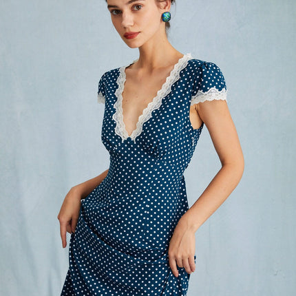 Maeve | Ruched V Neck Polka Dot Maxi Dress