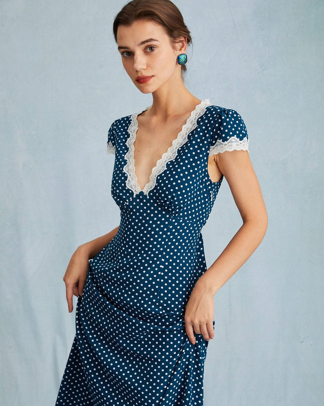 Maeve | Ruched V Neck Polka Dot Maxi Dress