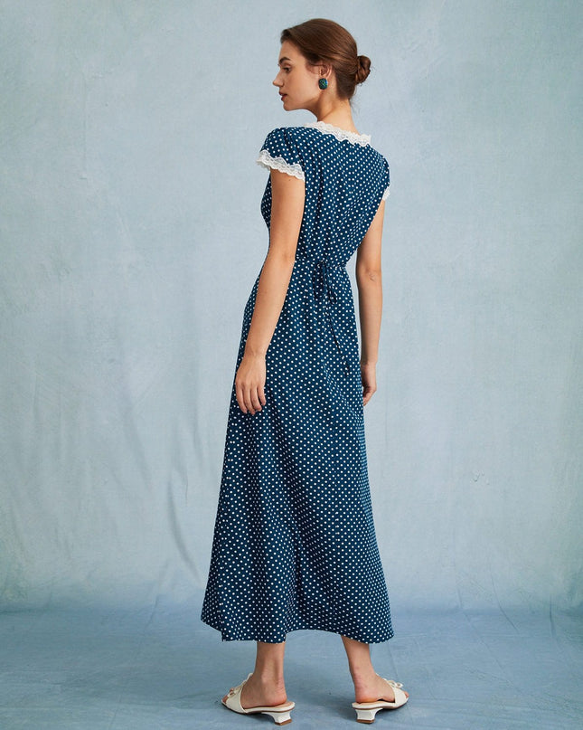 Maeve | Ruched V Neck Polka Dot Maxi Dress