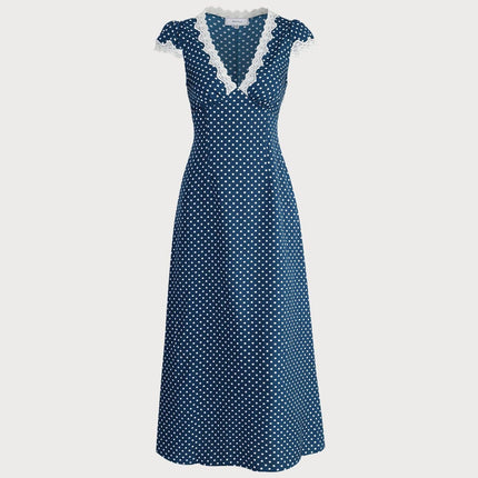 Maeve | Ruched V Neck Polka Dot Maxi Dress